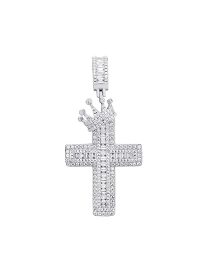 Cross With King Crown Pendant Iced Baguette