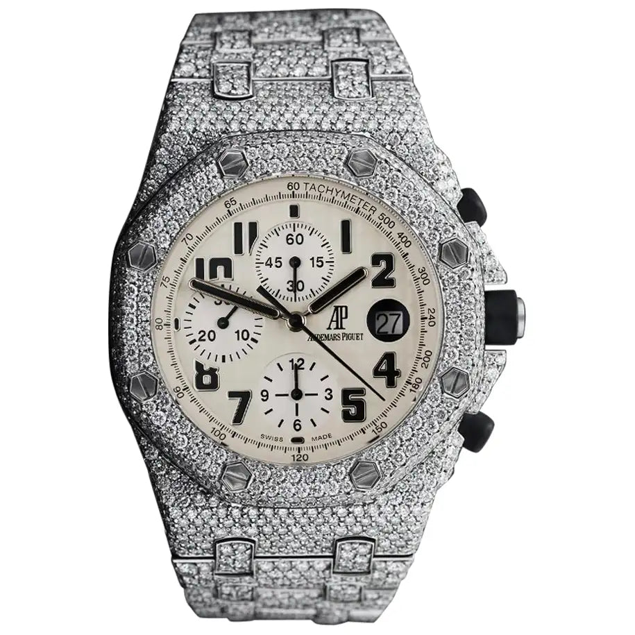 Audemars Piguet Royal Oak Offshore Chronograph Ivory Dial Fully Iced Out Watch