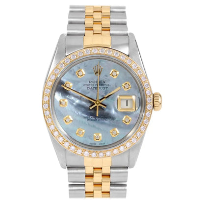 Rolex Mens TT Datejust Blue MOP Diamond Dial Diamond Bezel Watch