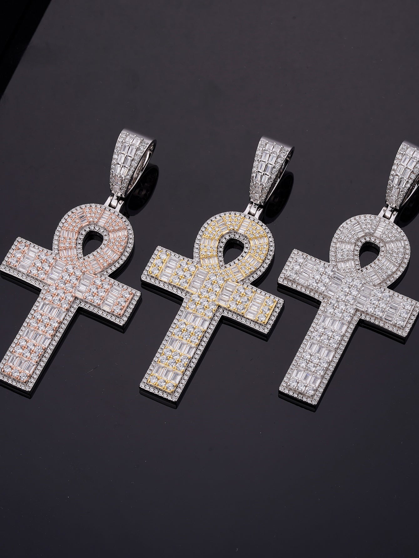 18K Gold Plated Iced Out  Cross Egyptian Pendant Necklace for Men