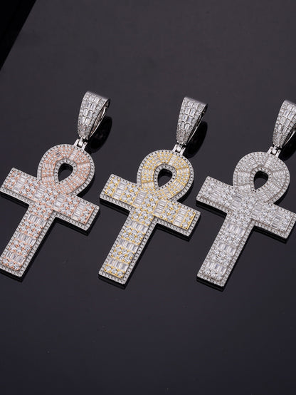 18K Gold Plated Iced Out  Cross Egyptian Pendant Necklace for Men