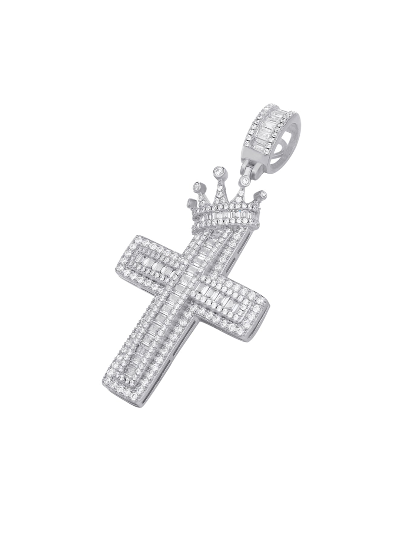 Cross With King Crown Pendant Iced Baguette