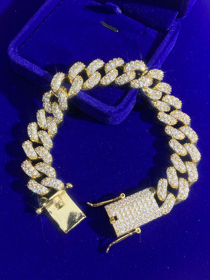 14K Gold Plated Hip Hop Cuban Bracelet Full Iced Out Prong Setting Cubic Zirconia Icy Clasp Miami Cuban Link Bracelet for Men