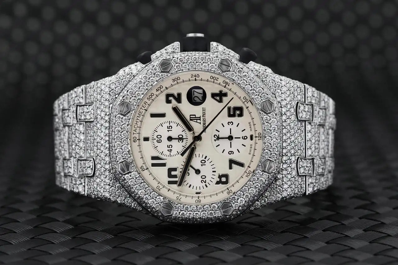 Audemars Piguet Royal Oak Offshore Chronograph Ivory Dial Fully Iced Out Watch