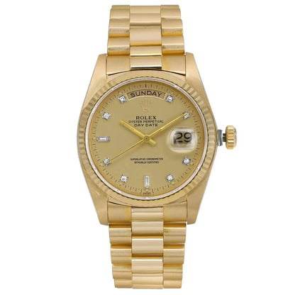 Rolex Day-Date 36mm 18k Yellow Gold Champagne Diamond Dial Automatic Watch