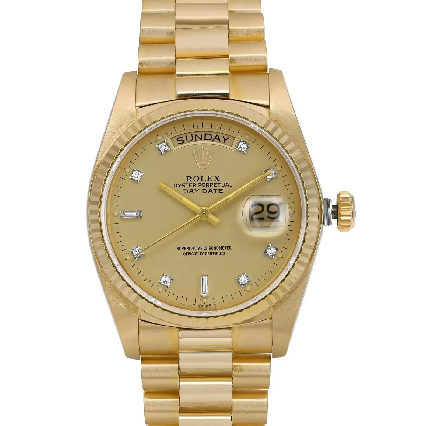 Rolex Day-Date 36mm 18k Yellow Gold Champagne Diamond Dial Automatic Watch