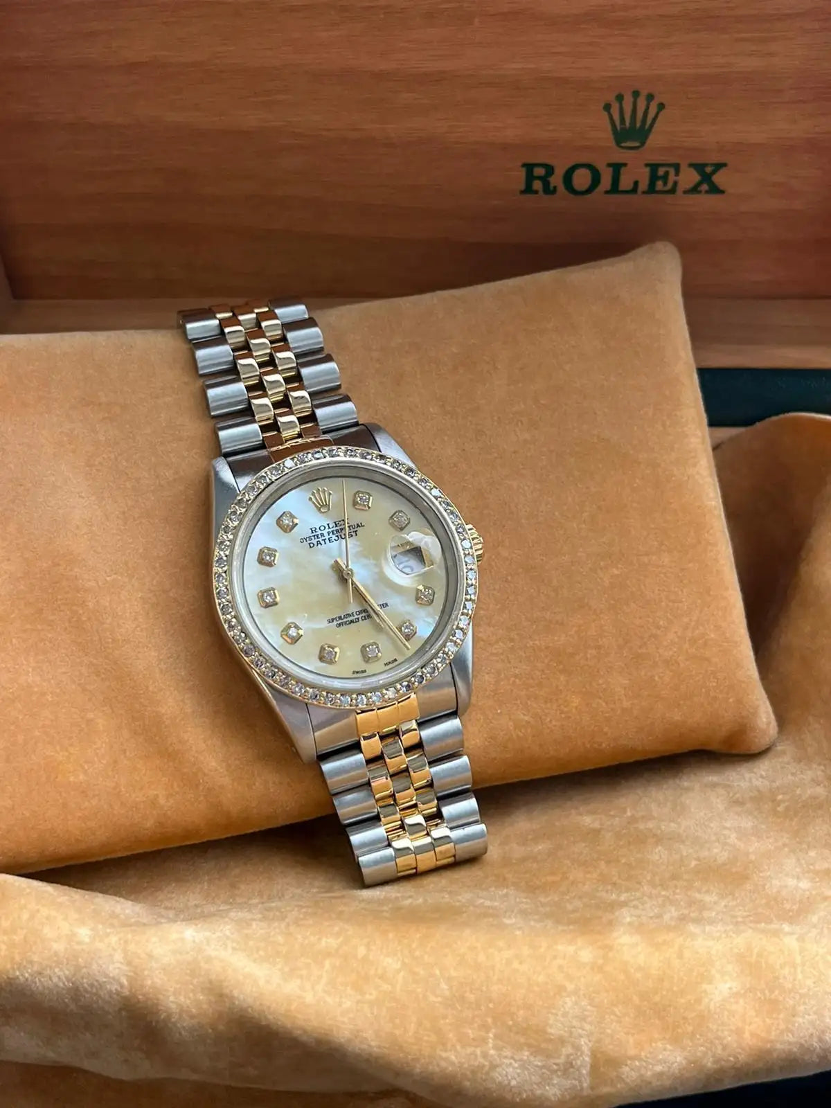 Rolex Datejust 36mm Steel Yellow Gold MOP Diamond Dial Bezel Mens Watch