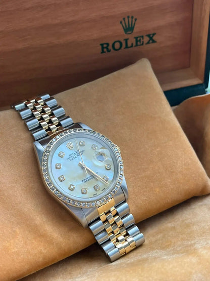 Rolex Datejust 36mm Steel Yellow Gold MOP Diamond Dial Bezel Mens Watch