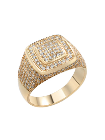 14K Gold Plated Solid 925 Sterling Silver Men's Ring Iced Out Ring Square Frame Micro Pave Cubic Zirconia Men's Hip Hop Ring