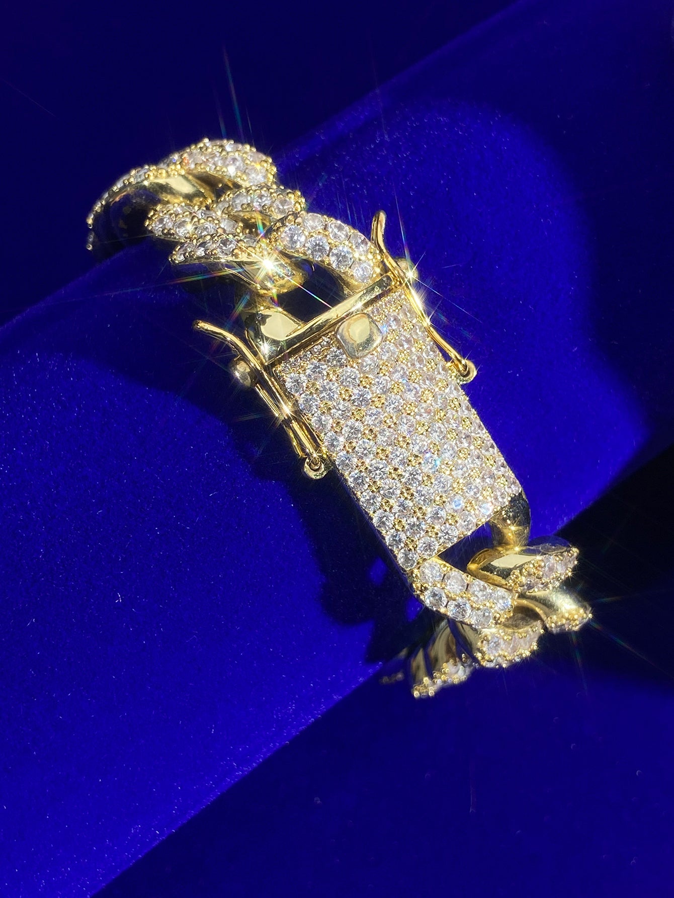 14K Gold Plated Hip Hop Cuban Bracelet Full Iced Out Prong Setting Cubic Zirconia Icy Clasp Miami Cuban Link Bracelet for Men