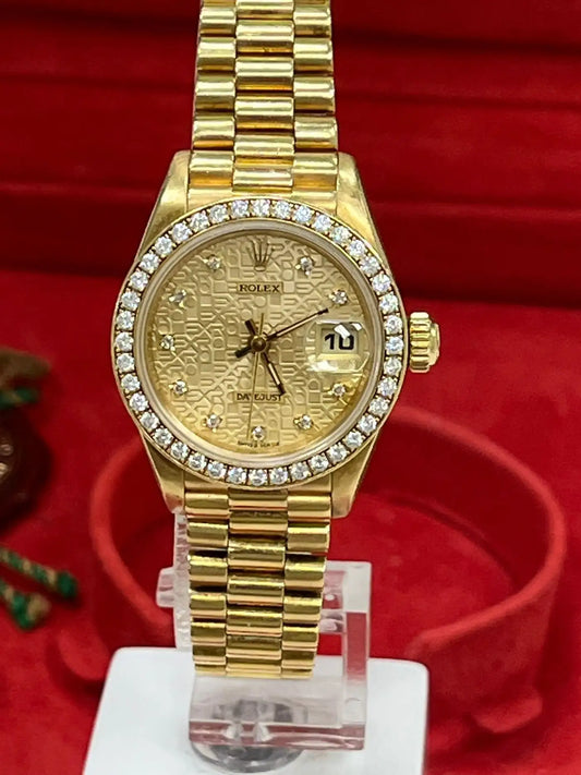 Rolex Lady-Datejust 26mm Yellow Gold Champagne Diamond Dial Bezel Watch