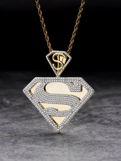 Iced Out Superman Superhero  14K Gold Plated White gold plated Pendant Chain