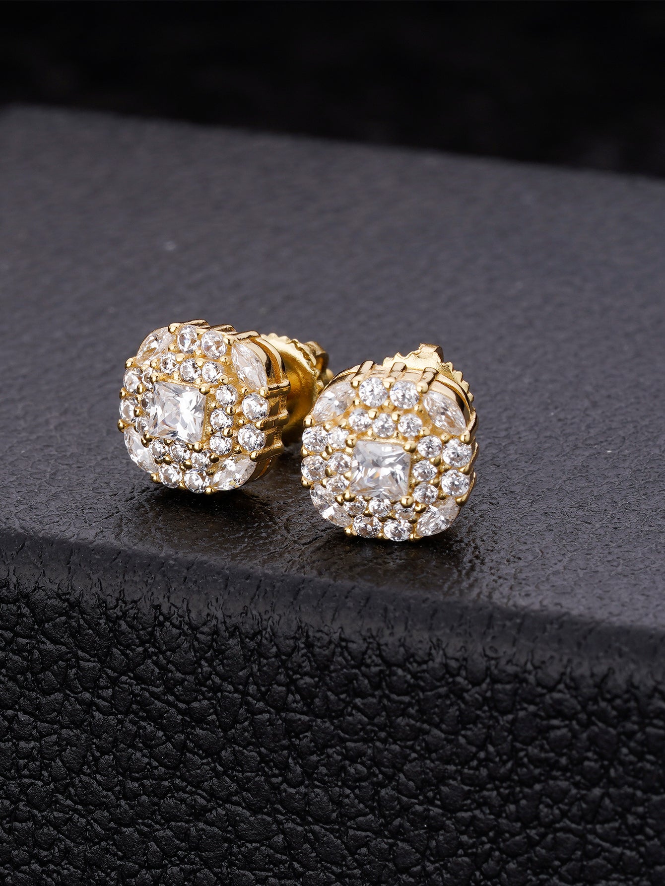 Diamond Stud Earrings  14K Real Gold Plated