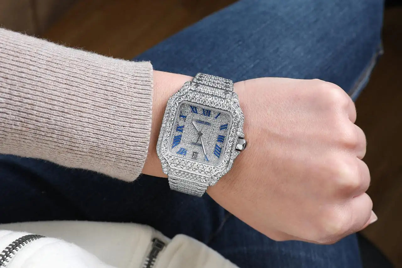 Cartier Santos Large Stainless Steel Watch with Custom Diamonds