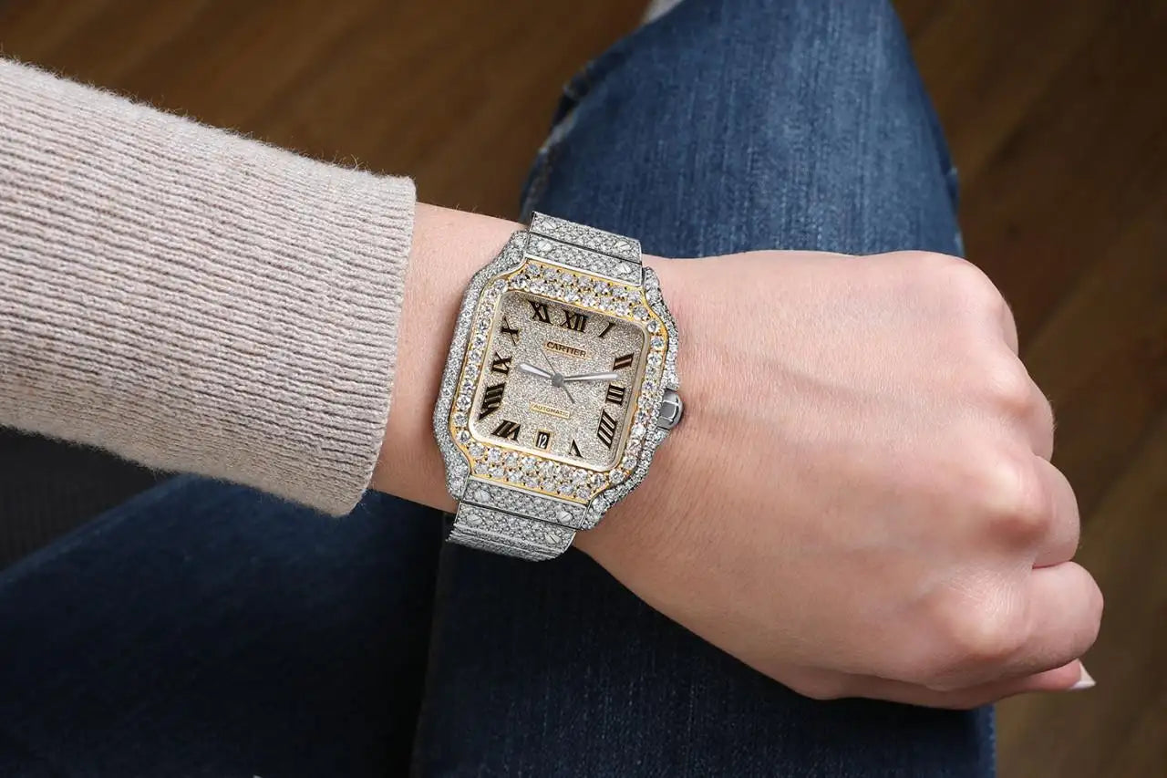 Cartier Santos Custom Diamond Stainless Steel and Yellow Gold Watch