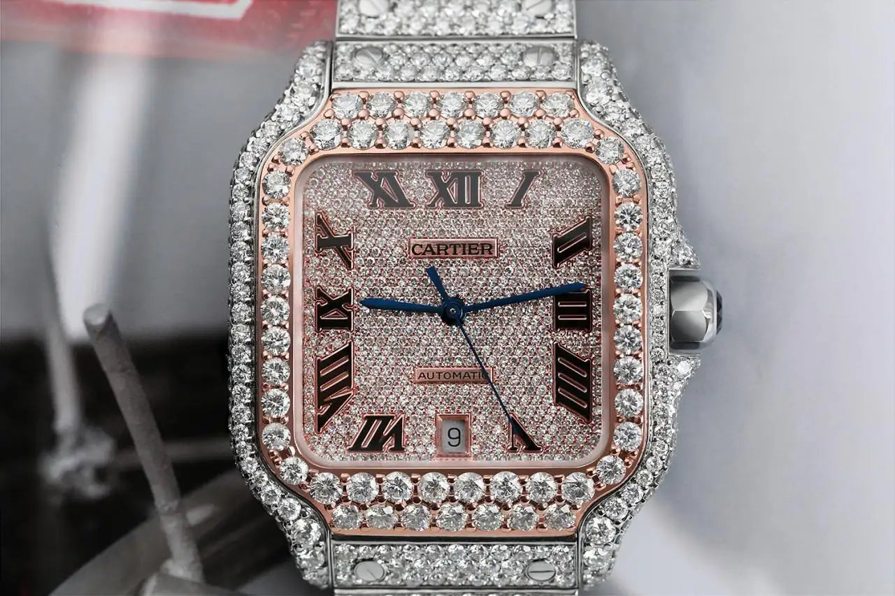 Cartier Santos Custom Diamond Stainless Steel and Rose Gold Watch