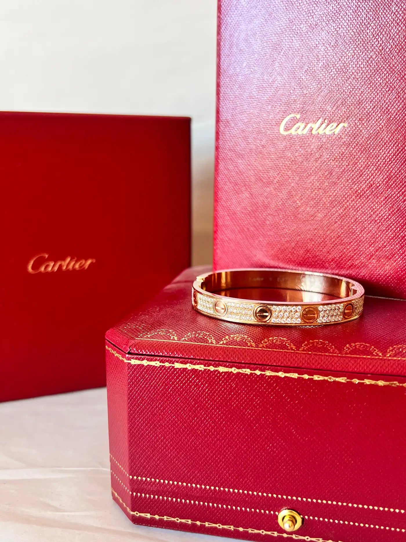 Cartier LOVE Bracelet yellow gold pavé diamonds box and papers size 16