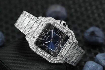 Cartier Santos Large Stainless Steel Watch with Custom Diamonds