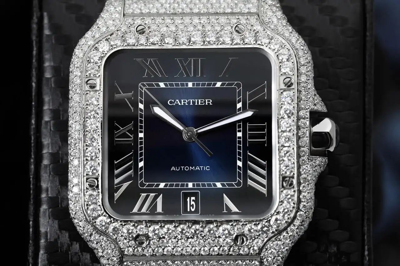 Cartier Santos Large Stainless Steel Watch with Custom Diamonds