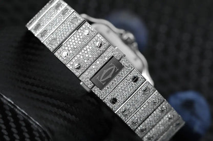 Cartier Santos Large Stainless Steel Watch with Custom Diamonds