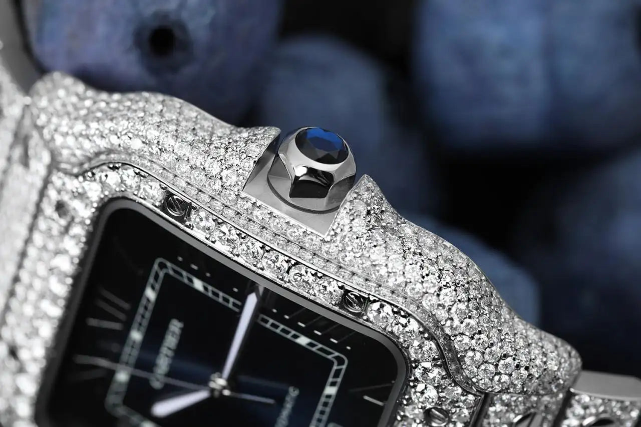 Cartier Santos Large Stainless Steel Watch with Custom Diamonds