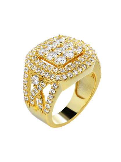 Gold Plated Ring Cluster Hip Hop Iced Out 925 Silver Round Brilliant Cut Lab Simulated Diamond Micro Pave CZ Pinky Ring Jewelry for Men Women