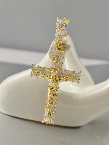 14k Gold Plated Iced Out Diamond Cross Jesus Pendant