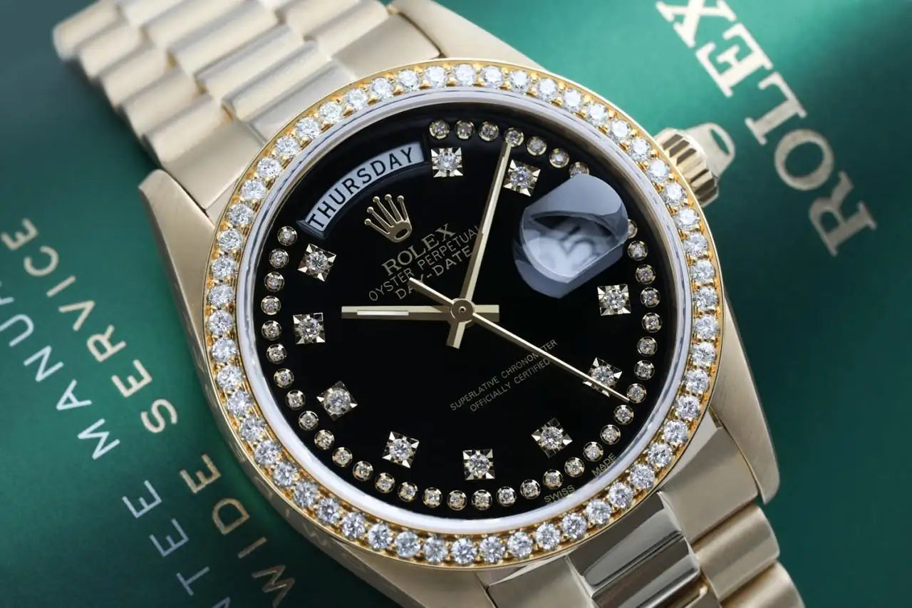 Rolex Presidential 18kt Gold Black String Diamond Dial Diamond Bezel