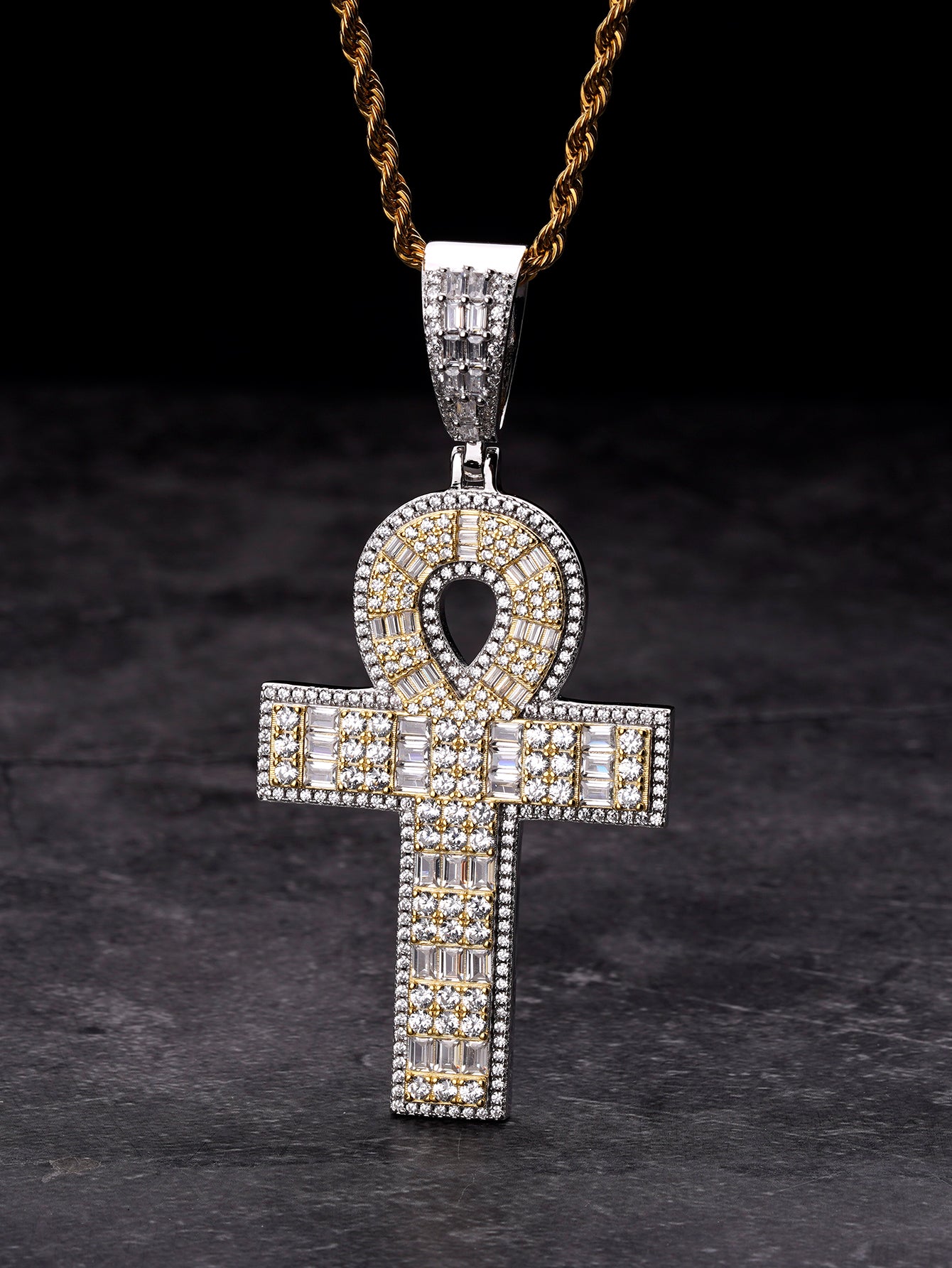 18K Gold Plated Iced Out  Cross Egyptian Pendant Necklace for Men