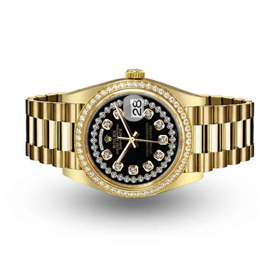 Rolex Presidential 18kt Gold Black String Diamond Dial Diamond Bezel