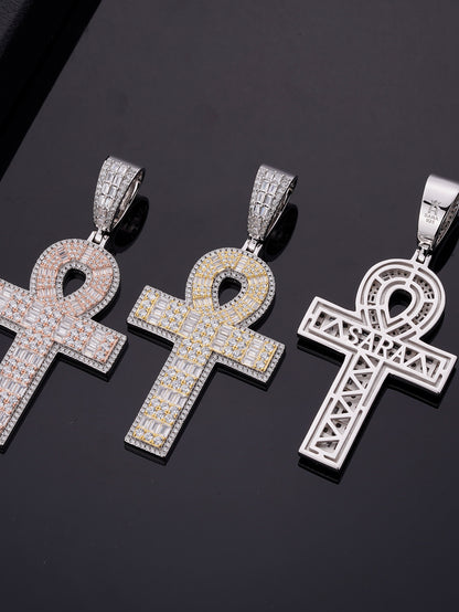 18K Gold Plated Iced Out  Cross Egyptian Pendant Necklace for Men