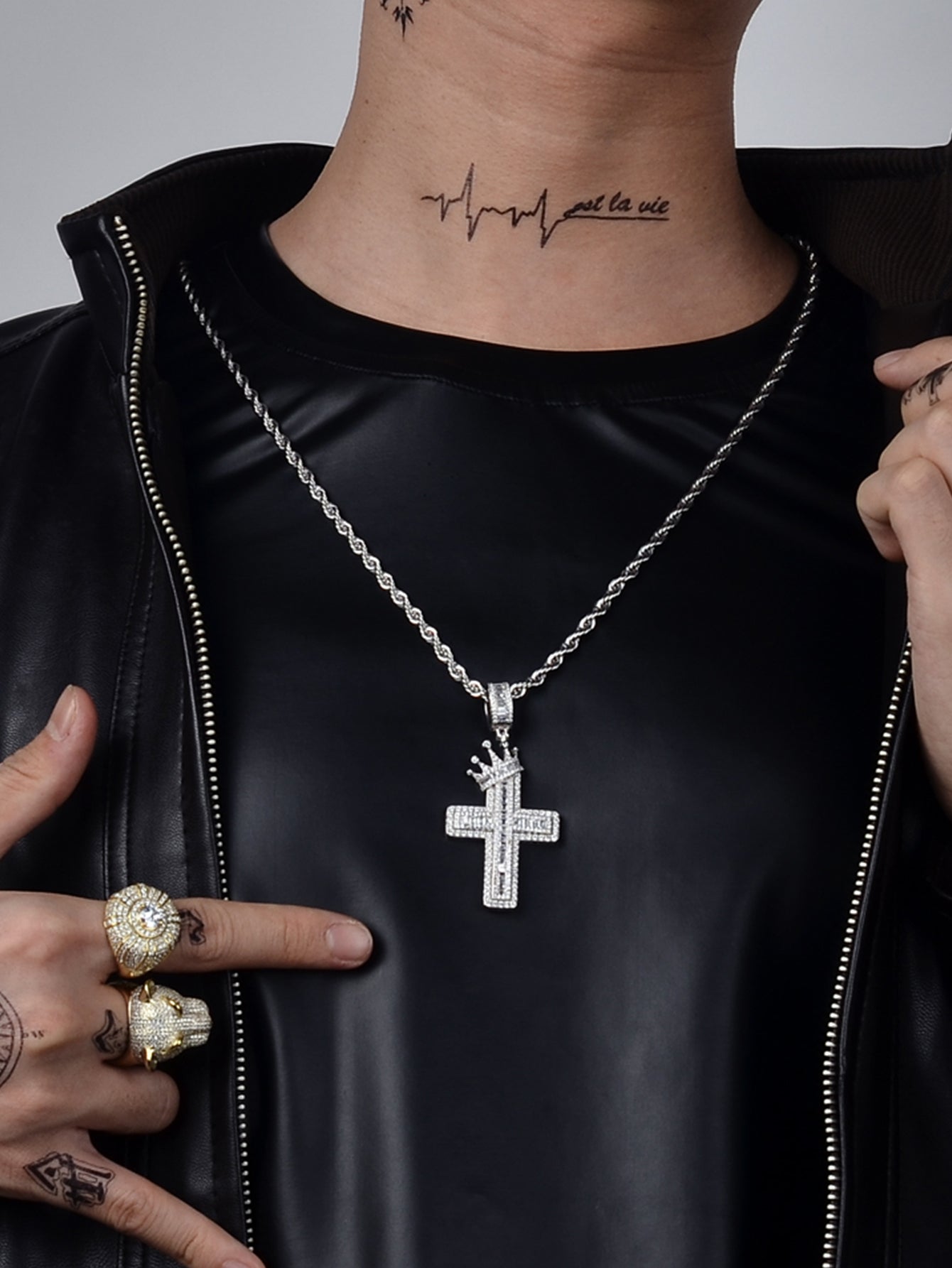 Cross With King Crown Pendant Iced Baguette