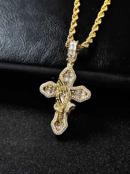 Cross Necklace For Men Brass Cross Chain For Men Gothic Cross Pendant Mens Cross Necklace With Praying Hands For Women Boys Goth Necklace Christian Jewelry