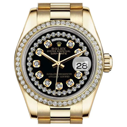 Rolex Presidential 18kt Gold Black String Diamond Dial Diamond Bezel