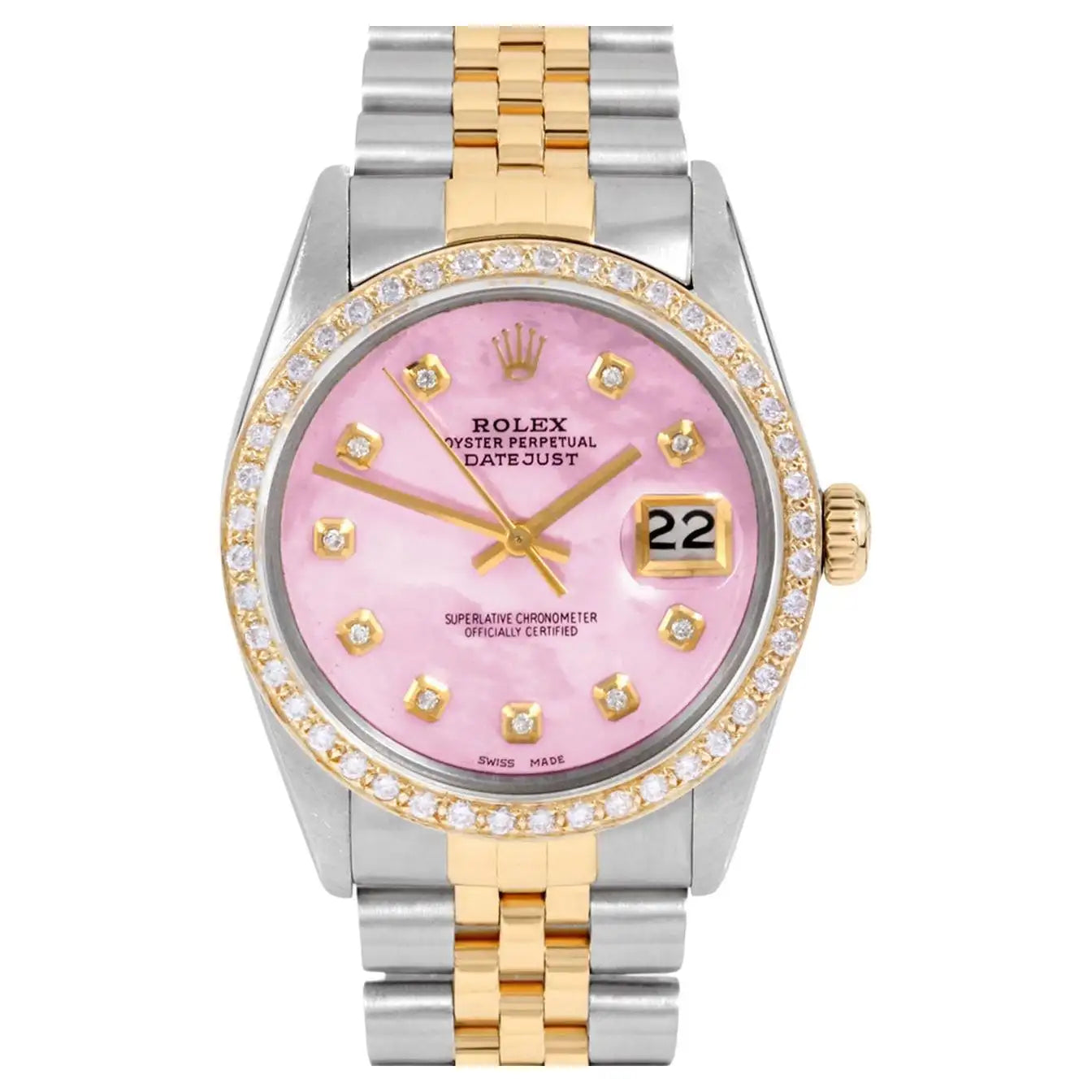 Rolex Mens TT Datejust Pink MOP Diamond Dial Diamond Bezel Watch