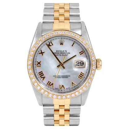 Rolex Mens TT Datejust MOP Roman Numeral Dial Diamond Bezel Watch