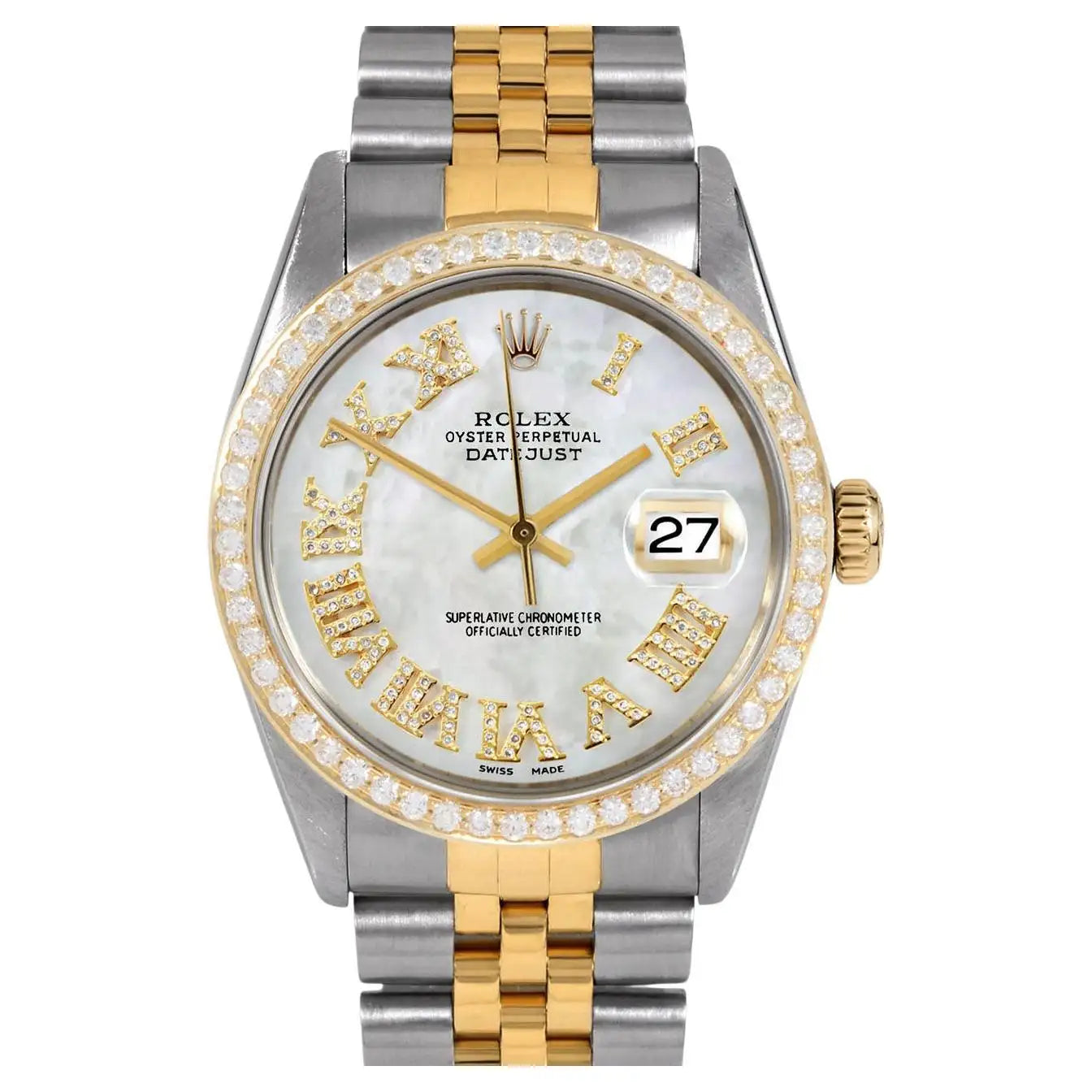 Rolex Mens TT Datejust MOP Roman Diamond Dial Diamond Bezel Watch