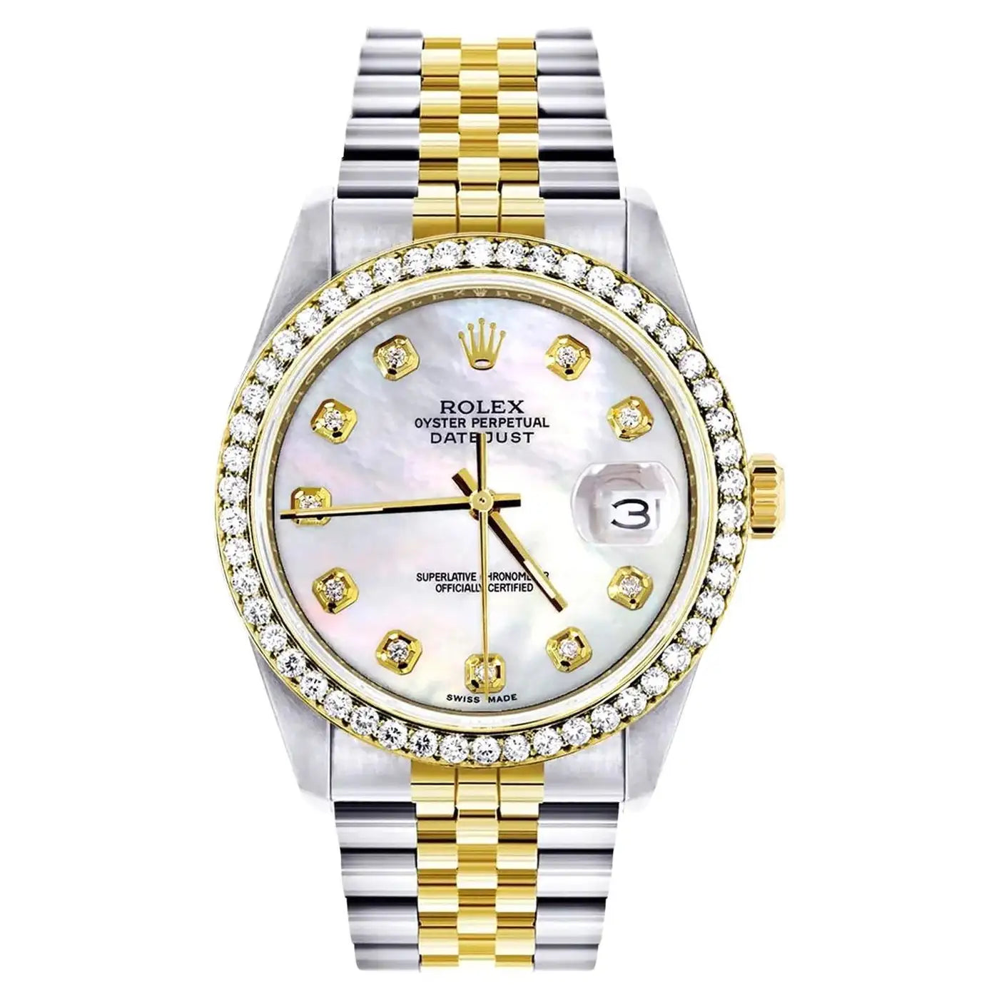 Rolex Datejust 36mm Steel Yellow Gold MOP Diamond Dial Bezel Mens Watch